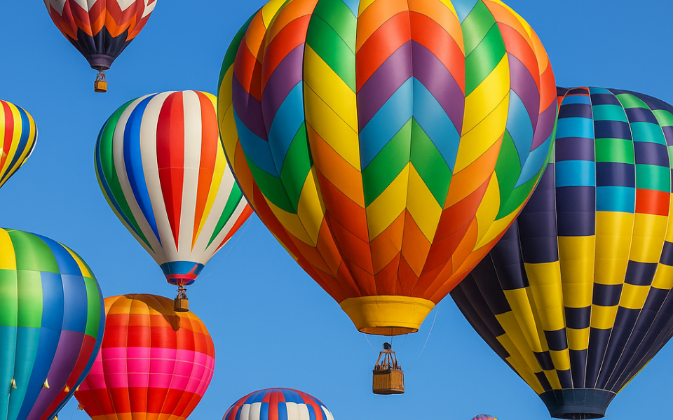 Kolorowe balony unoszące się na tle błękitnego nieba – każdy w innym wzorze i barwie.