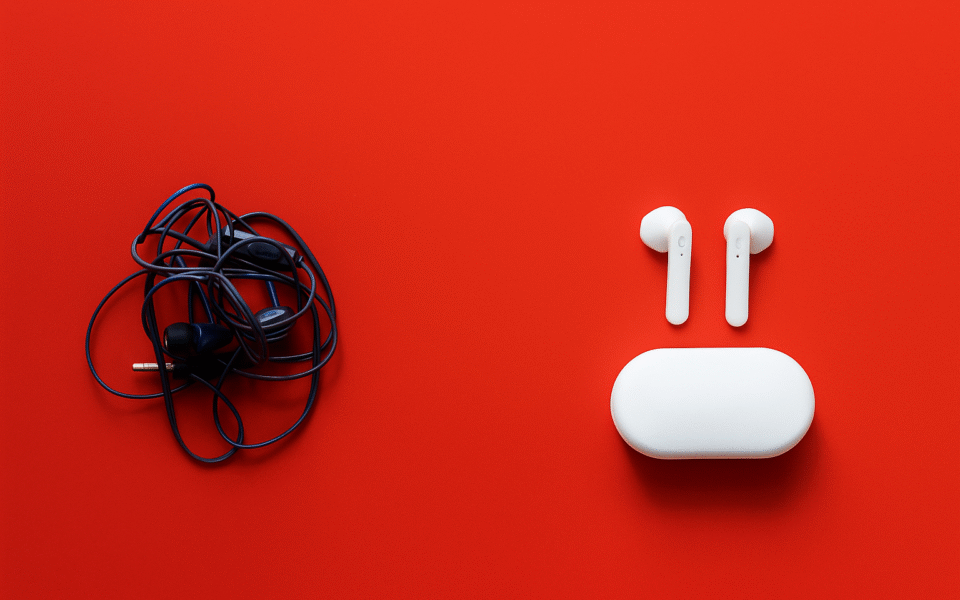 Minimalistyczna kompozycja na intensywnie czerwonym tle przedstawia kontrast między splątanym przewodowym zestawem słuchawkowym po lewej stronie a nowoczesnymi, uporządkowanymi słuchawkami bezprzewodowymi.